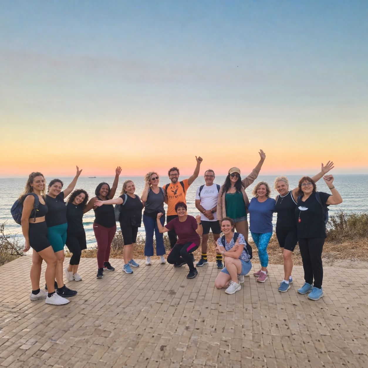 איגור רסקין וחברי קהילת MaxWalk יחד מול השקיעה